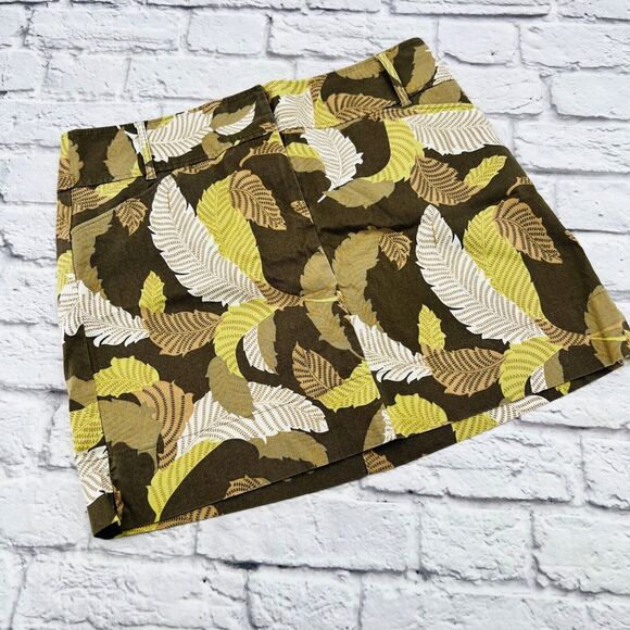 Ann Taylor Loft Women's Mini Skirt Size 14 Tan Leaf Print Cotton Stretch Pockets - Picture 1 of 10